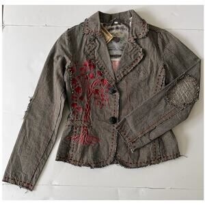DB Sport Y2K Blazer Jacket Women S Brown Plaid Red Floral Embroidery Frayed NWT